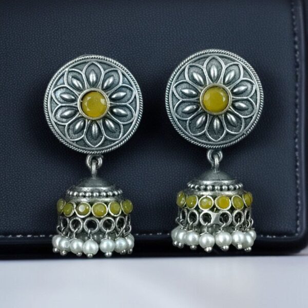 Oxidized Silver Replica Beautiful Jhumki Earrings with Stone & Pearl Detailing For Office Wear - "Yellow"