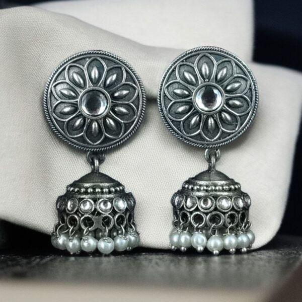 Oxidized Silver Replica Beautiful Jhumki Earrings with Stone & Pearl Detailing For Office Wear - "White"