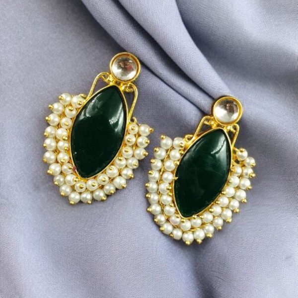Handcraft Big Monalisa Stone Earrings with Pearl Detail ? Gold Plated Western Style - "Green"