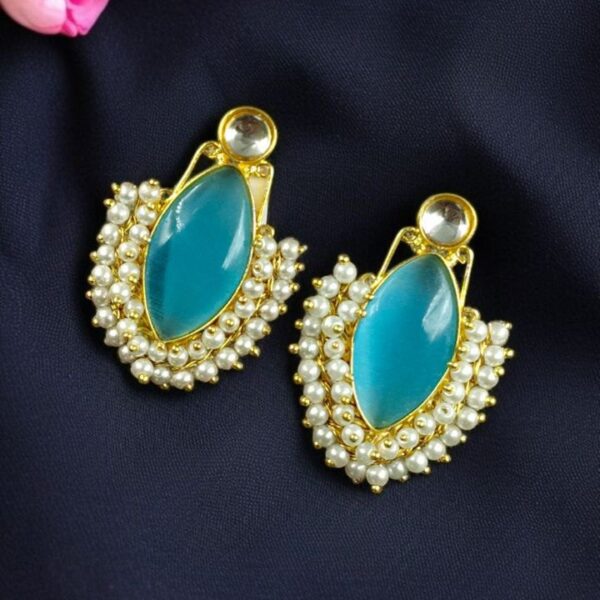 Handcraft Big Monalisa Stone Earrings with Pearl Detail ? Gold Plated Western Style - "Aqua"
