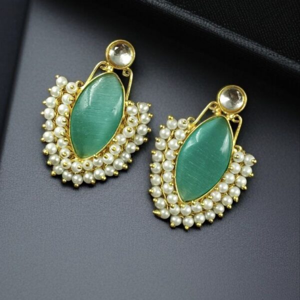 Handcraft Big Monalisa Stone Earrings with Pearl Detail ? Gold Plated Western Style - "Mint