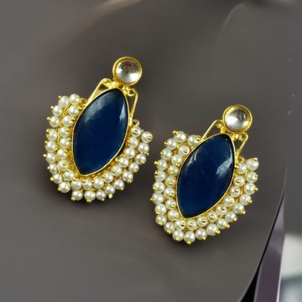 Handcraft Big Monalisa Stone Earrings with Pearl Detail ? Gold Plated Western Style - "Blue"