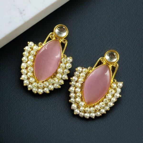Handcraft Big Monalisa Stone Earrings with Pearl Detail ? Gold Plated Western Style - "Baby Pink"