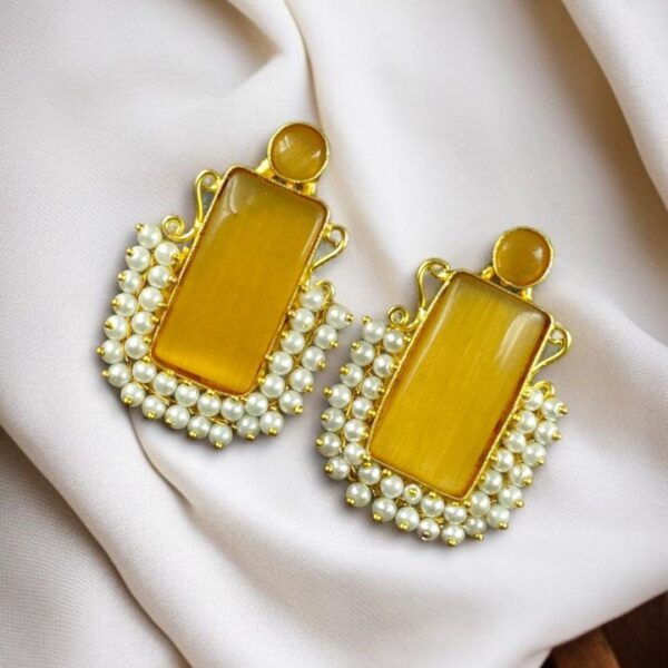 Gold Plated Geometric Stone Stud Earrings with Beautiful Pearl Detailing | Best Gift For Her - "Yellow"