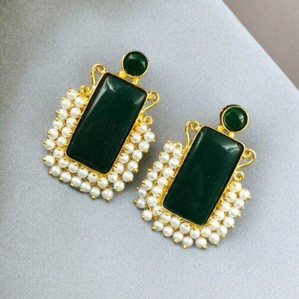 Gold Plated Geometric Stone Stud Earrings with Beautiful Pearl Detailing | Best Gift For Her - "Green"