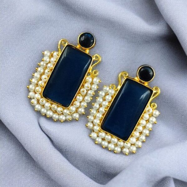 Gold Plated Geometric Stone Stud Earrings with Beautiful Pearl Detailing | Best Gift For Her - "Blue"