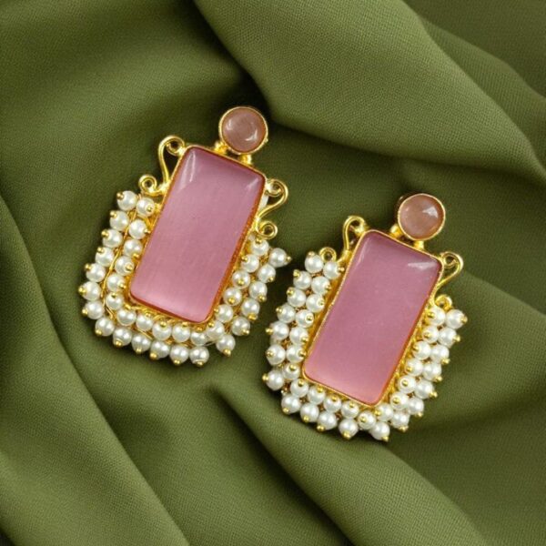 Gold Plated Geometric Stone Stud Earrings with Beautiful Pearl Detailing | Best Gift For Her - "Baby Pink"