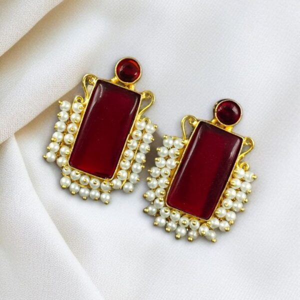Gold Plated Geometric Stone Stud Earrings with Beautiful Pearl Detailing | Best Gift For Her - "Red"