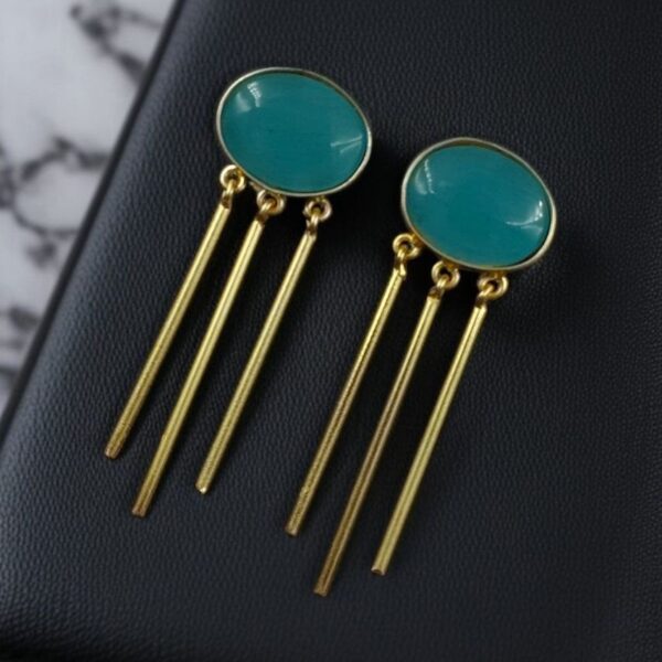 Elegant Golden Dangler Earrings with Monalisa Stone ? Perfect for Ethnic or Western Look - "Aqua"