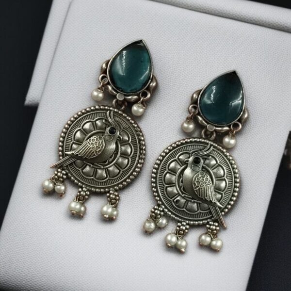 Antique Silver Parrot Dangler Earrings with Stone & Pearl ? Perfect for Ethnic Looks - "Blue"