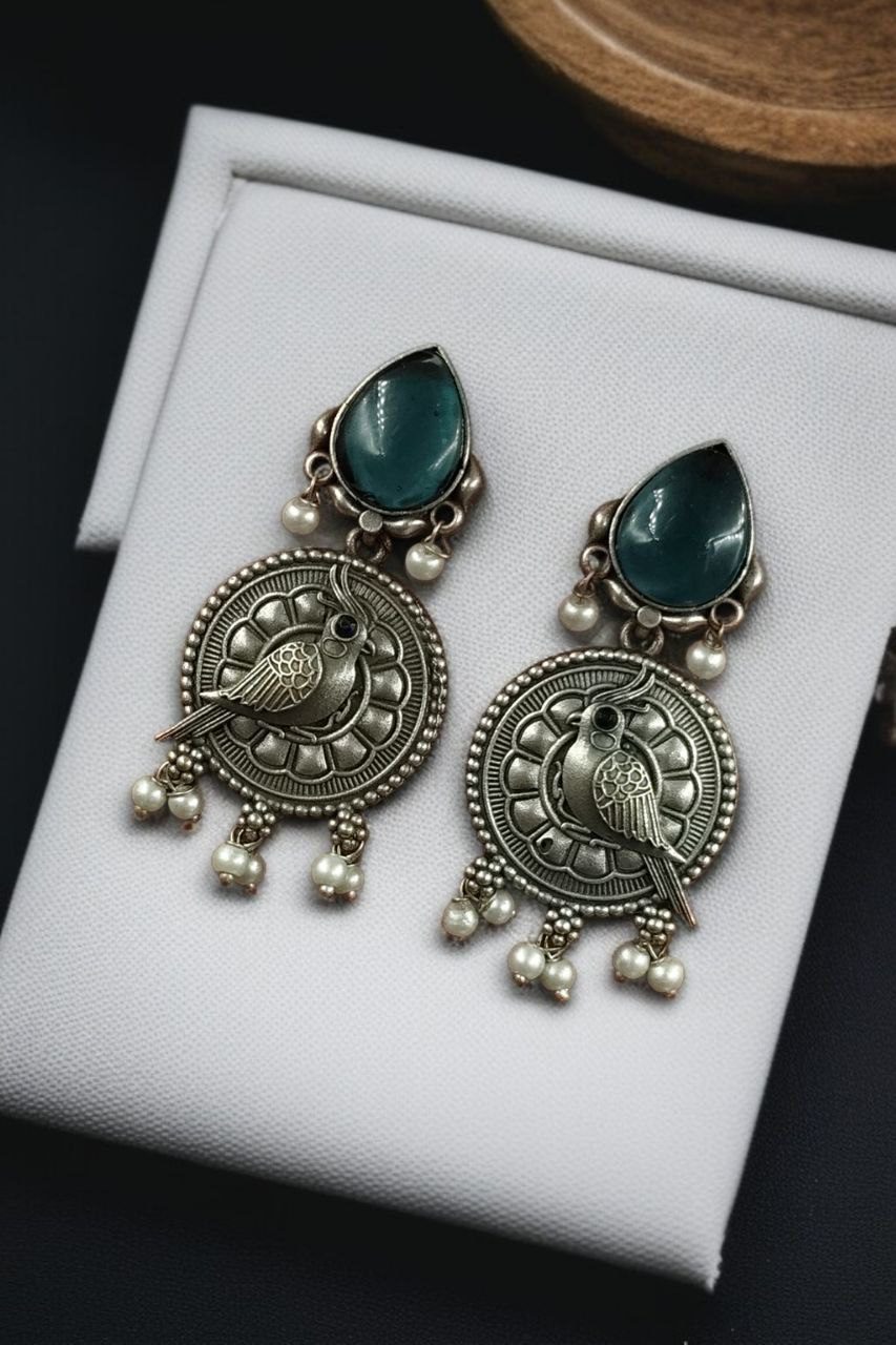 Antique Silver Parrot Dangler Earrings with Stone & Pearl ? Perfect for Ethnic Looks - Image 3