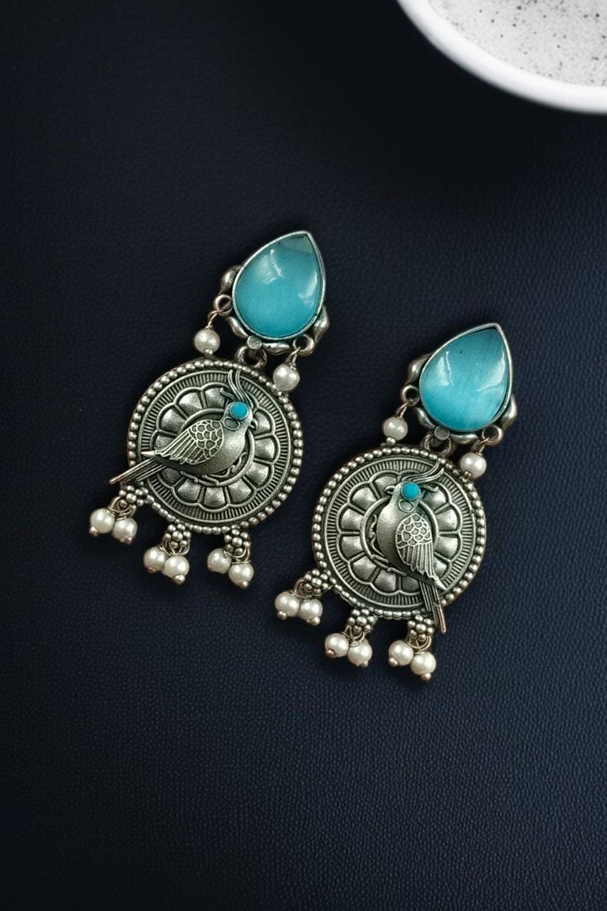 Antique Silver Parrot Dangler Earrings with Stone & Pearl ? Perfect for Ethnic Looks - Image 4