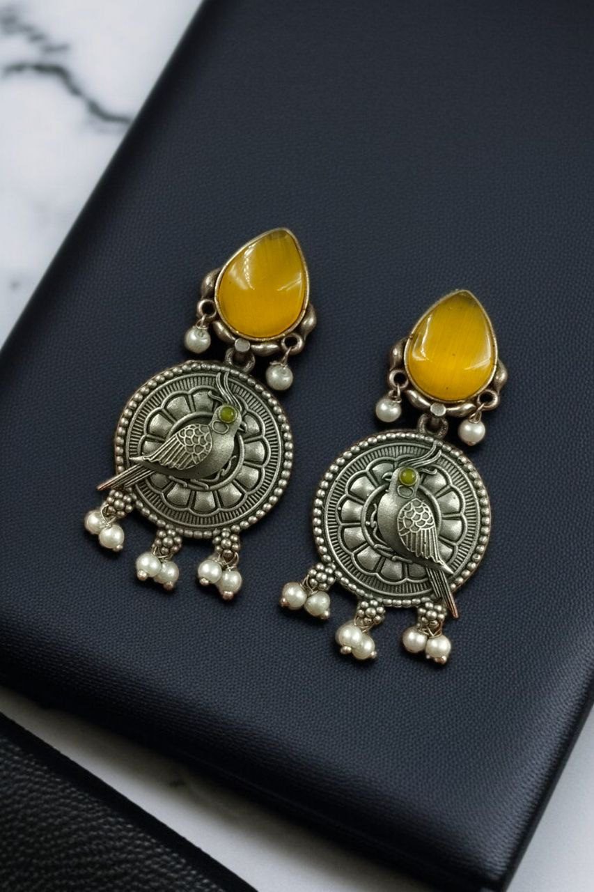 Antique Silver Parrot Dangler Earrings with Stone & Pearl ? Perfect for Ethnic Looks - Image 5