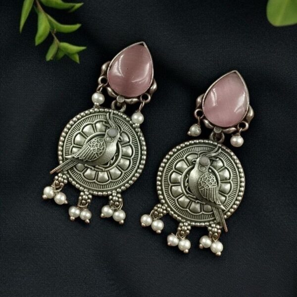 Antique Silver Parrot Dangler Earrings with Stone & Pearl ? Perfect for Ethnic Looks - "Baby Pink"