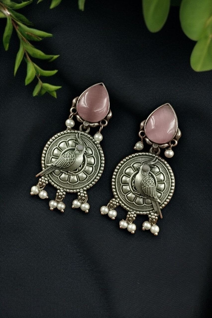 Antique Silver Parrot Dangler Earrings with Stone & Pearl ? Perfect for Ethnic Looks - Image 7