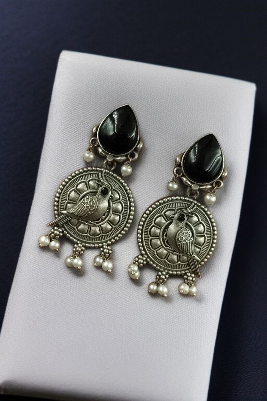 Antique Silver Parrot Dangler Earrings with Stone & Pearl ? Perfect for Ethnic Looks - Image 8
