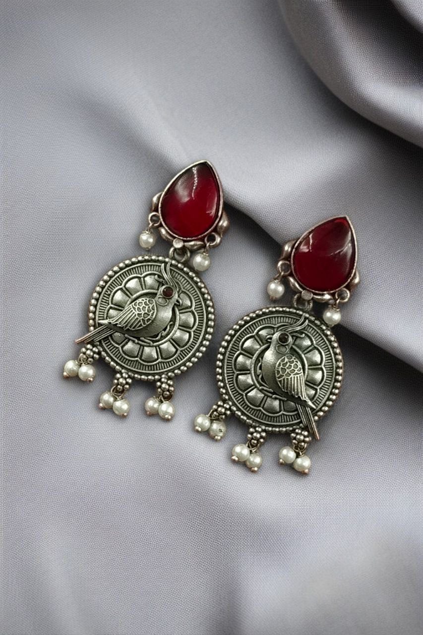 Antique Silver Parrot Dangler Earrings with Stone & Pearl ? Perfect for Ethnic Looks - Image 9