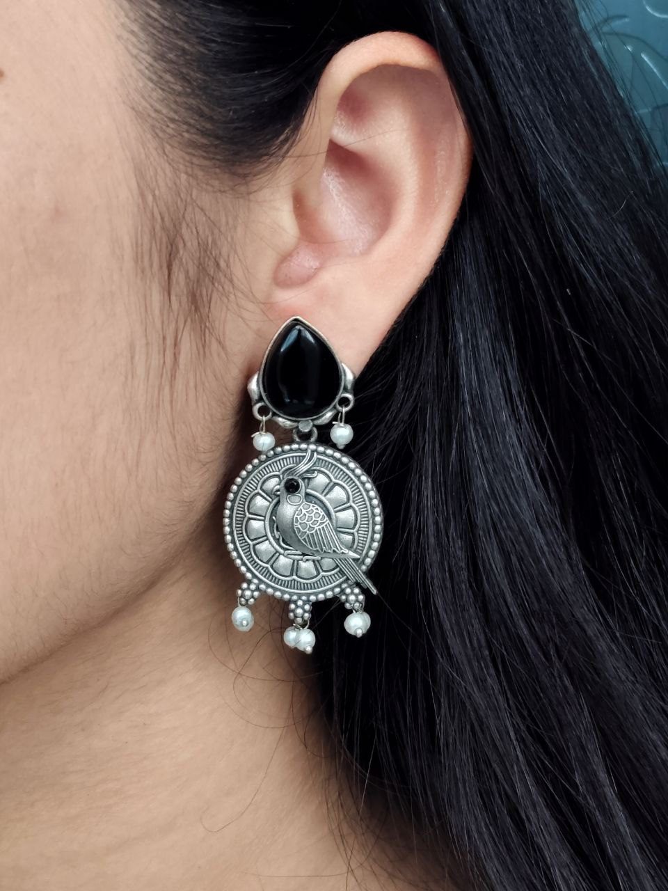 Antique Silver Parrot Dangler Earrings with Stone & Pearl ? Perfect for Ethnic Looks - Image 2