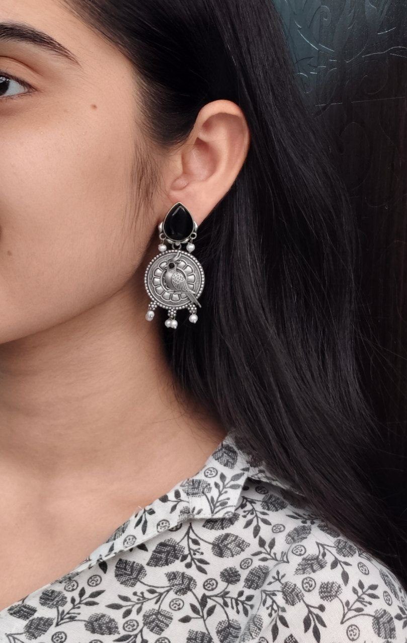 Antique Silver Parrot Dangler Earrings with Stone & Pearl ? Perfect for Ethnic Looks
