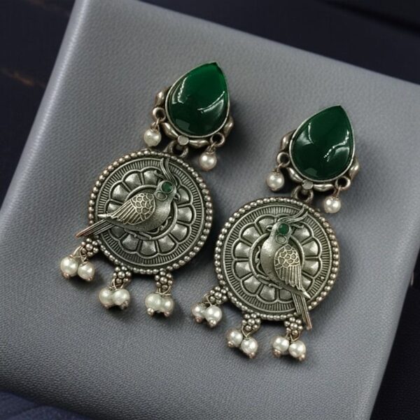 Antique Silver Parrot Dangler Earrings with Stone & Pearl ? Perfect for Ethnic Looks - "Green"