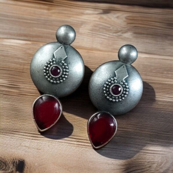 Antique Circle Stud Earrings with Best Silver Touch and Stone Detailing - "Red"