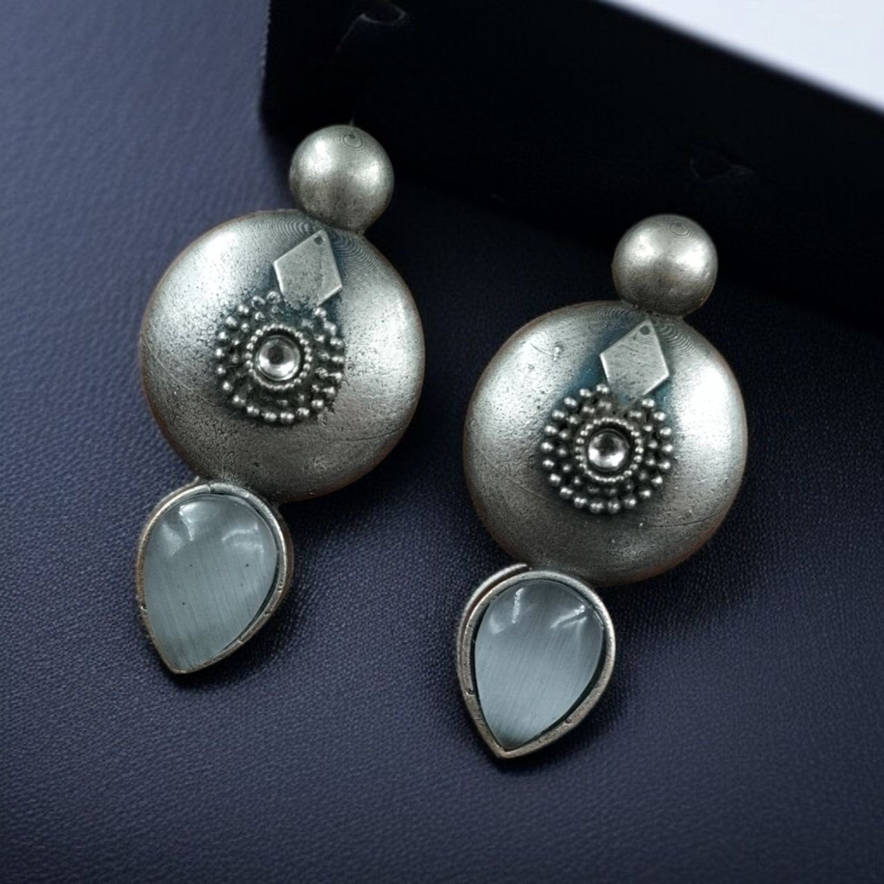 Antique Circle Stud Earrings with Best Silver Touch and Stone Detailing - Image 3
