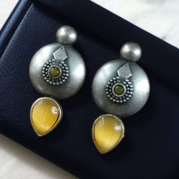 Antique Circle Stud Earrings with Best Silver Touch and Stone Detailing - "Yellow"