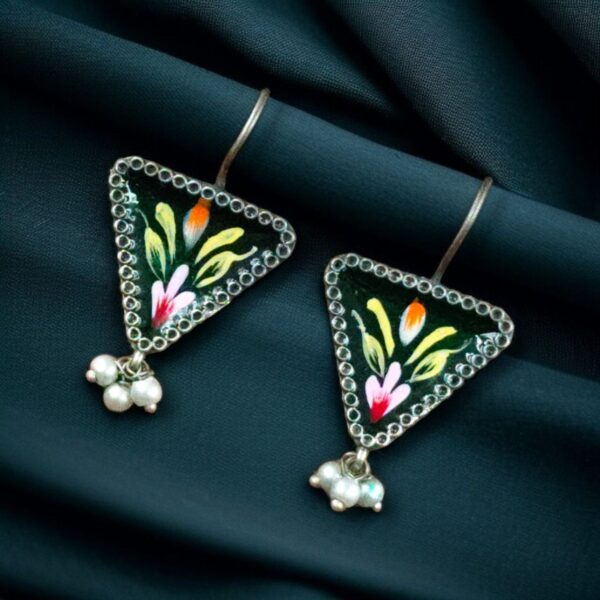 Unique Hand-Painted Triangle Stud Earrings with Pearl Detailing ? Daily Wear Ethnic Jewelry - "Green"