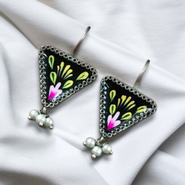 Unique Hand-Painted Triangle Stud Earrings with Pearl Detailing ? Daily Wear Ethnic Jewelry - "Black"