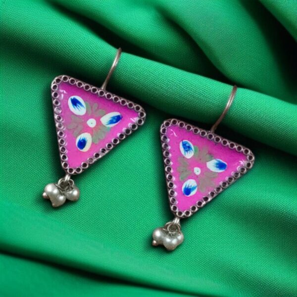 Unique Hand-Painted Triangle Stud Earrings with Pearl Detailing ? Daily Wear Ethnic Jewelry - "Pink"