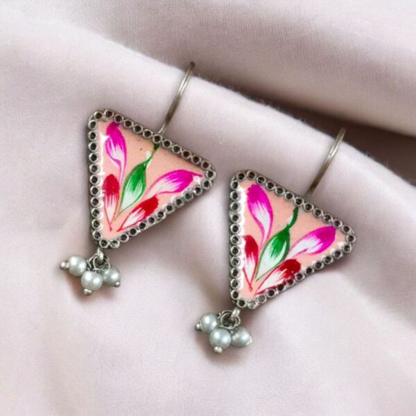Unique Hand-Painted Triangle Stud Earrings with Pearl Detailing ? Daily Wear Ethnic Jewelry - "Peach"