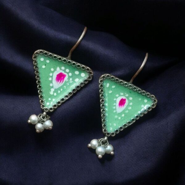 Unique Hand-Painted Triangle Stud Earrings with Pearl Detailing ? Daily Wear Ethnic Jewelry - "Mint"