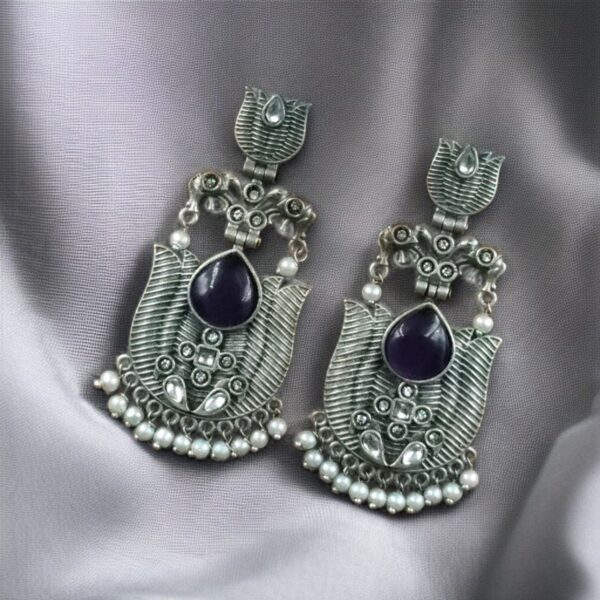 Silver Look alike Unique Lotus Earrings with Pearl Detailing ? Elephant Dangler Jewelry - "Black"