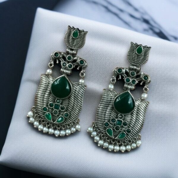 Silver Look alike Unique Lotus Earrings with Pearl Detailing ? Elephant Dangler Jewelry - "Green"