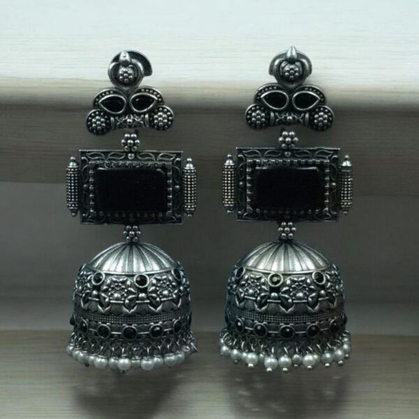 Unique Silver Replica Oxidised Jambo Jhumka With Monalisa Stones - "Black"