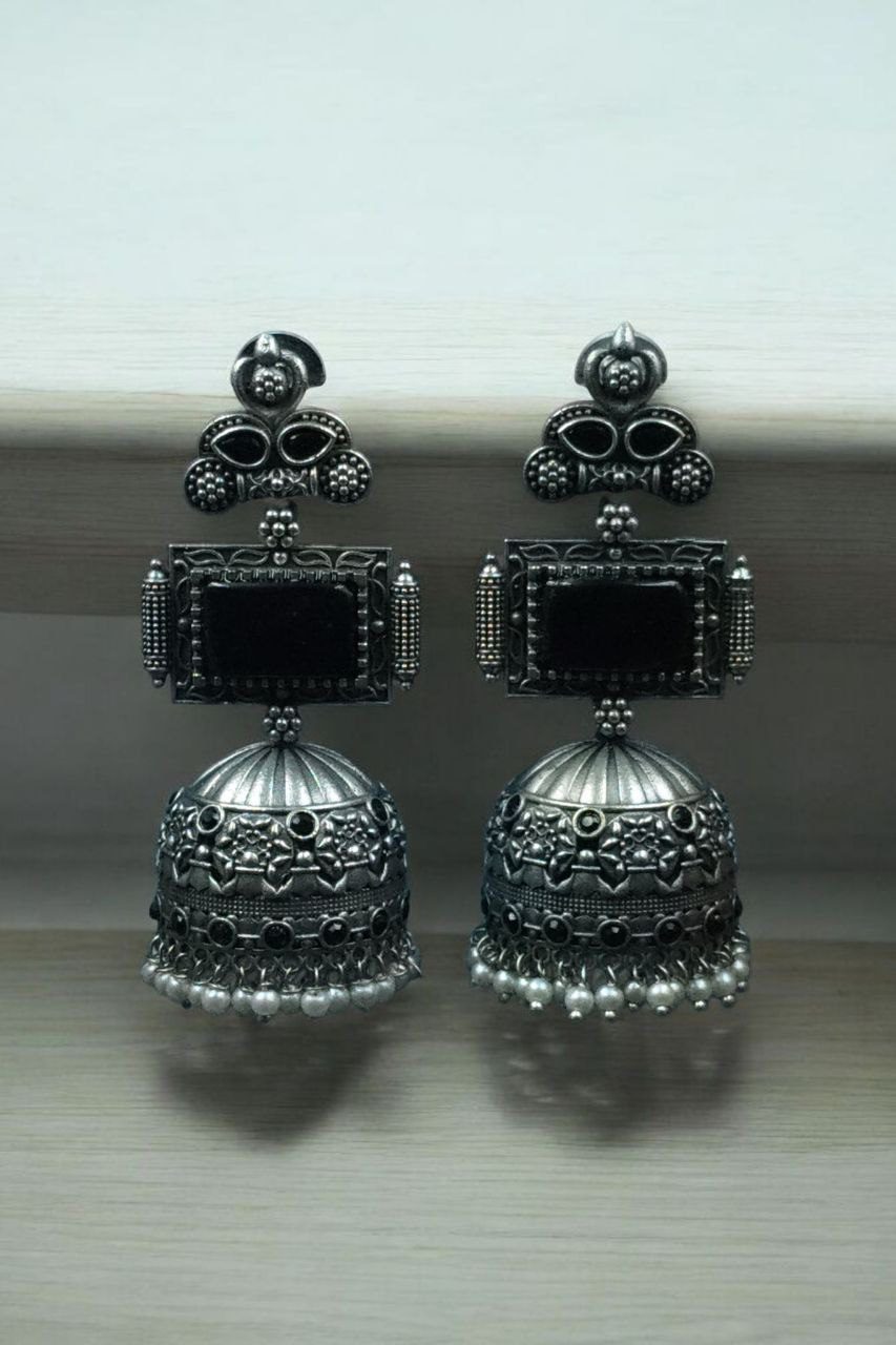 Unique Silver Replica Oxidised Jambo Jhumka With Monalisa Stones - Image 8