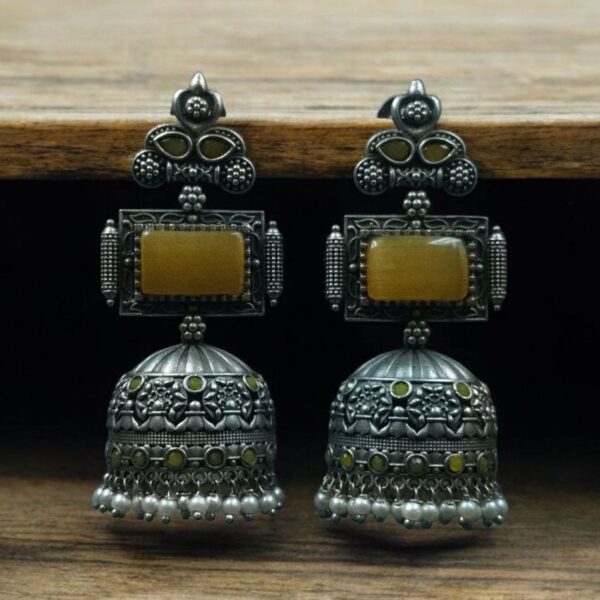Unique Silver Replica Oxidised Jambo Jhumka With Monalisa Stones - "Yellow"