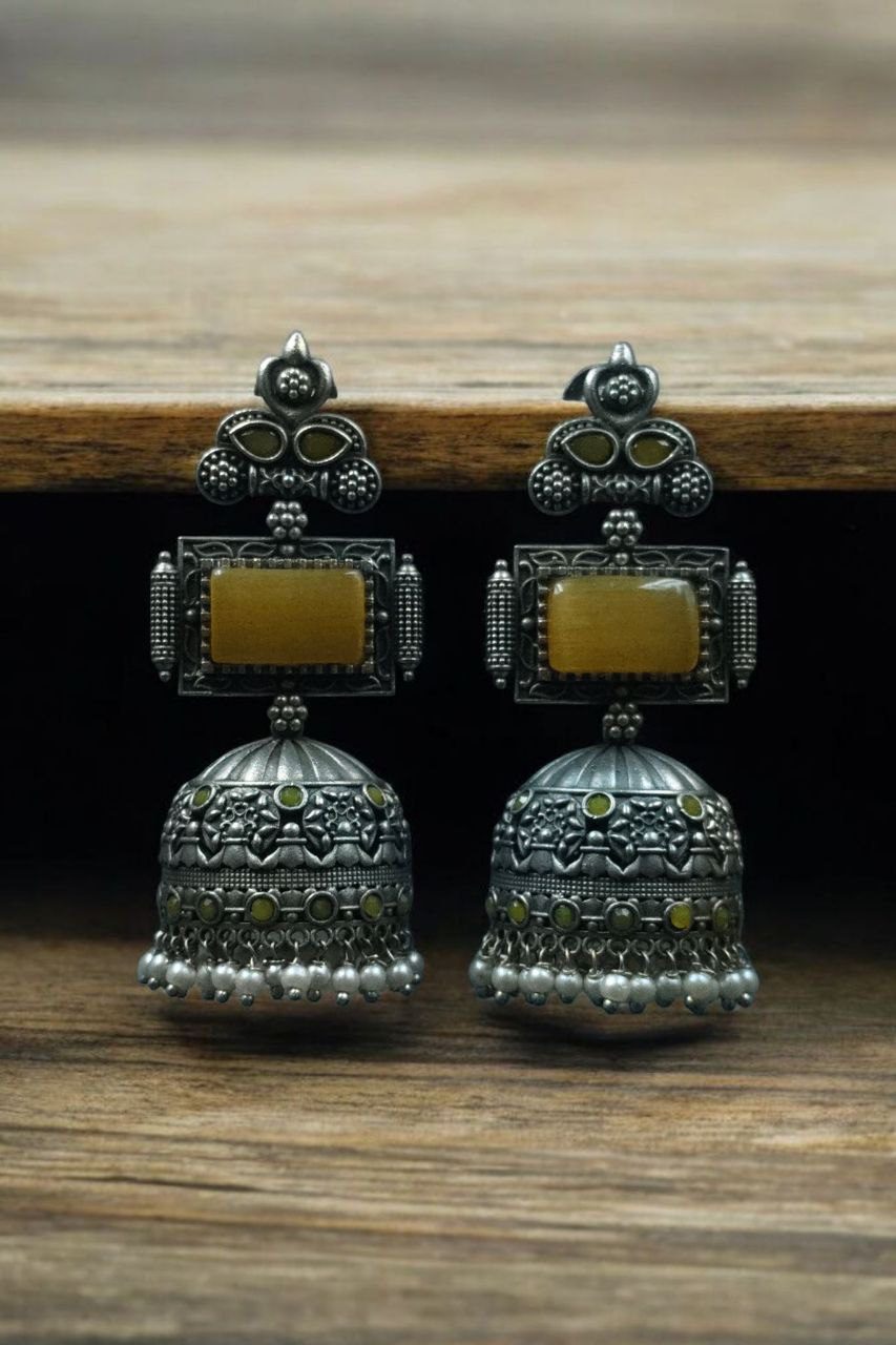 Unique Silver Replica Oxidised Jambo Jhumka With Monalisa Stones - Image 7