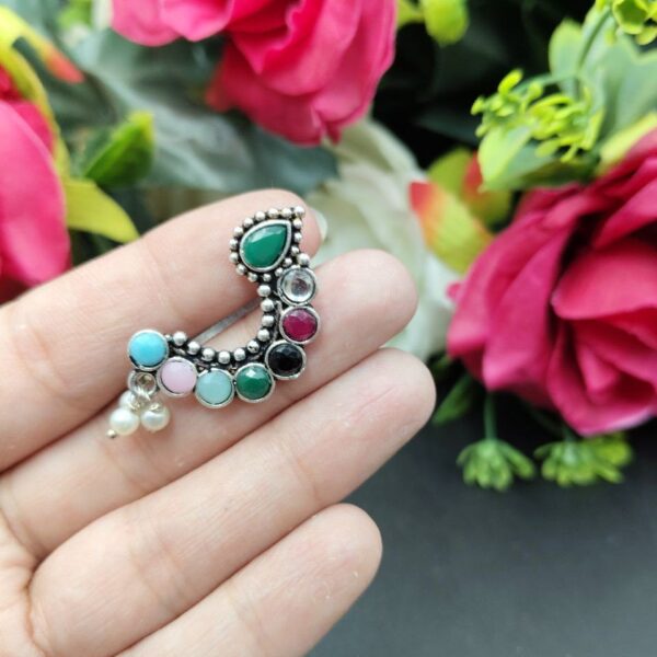 Traditional Oxidised Silver Plated Marathi Nath Press Nosepin - "Multi"