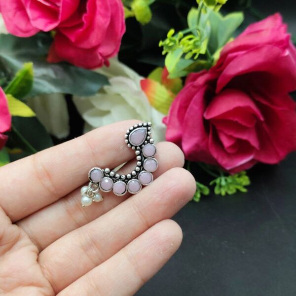 Traditional Oxidised Silver Plated Marathi Nath Press Nosepin - "Baby Pink"