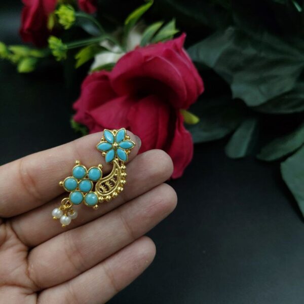 Gold Plated Marathi Style Stone Nosepin For Girls - "Aqua"