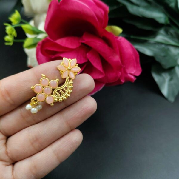 Gold Plated Marathi Style Stone Nosepin For Girls - "Baby Pink"
