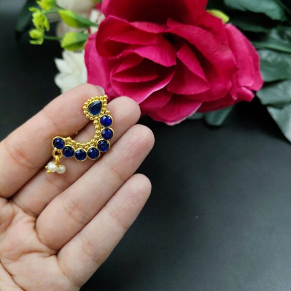 Marathi Style Golden Polish Nosepin For Girls - "Blue "