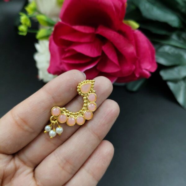 Marathi Style Golden Polish Nosepin For Girls - "Baby Pink"