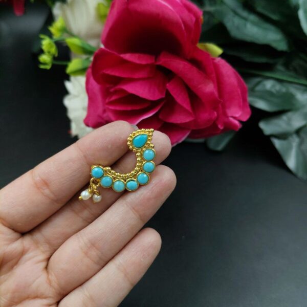 Marathi Style Golden Polish Nosepin For Girls - "Aqua"