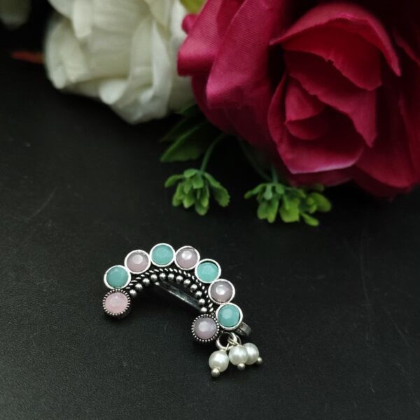 Attractive Oxidised Marathi Nosepin - Maharashtrian Nath - "Baby Pink-Mint"