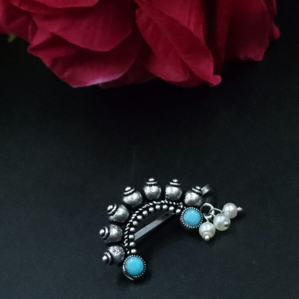 Oxidised Marathi Nath - Affordable Silver Plated Press Nosepin - "Aqua"