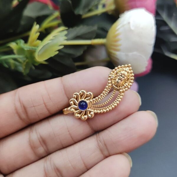 Marathi Style Navratri Special Golden Durga Nosepin For Girls - "Blue"