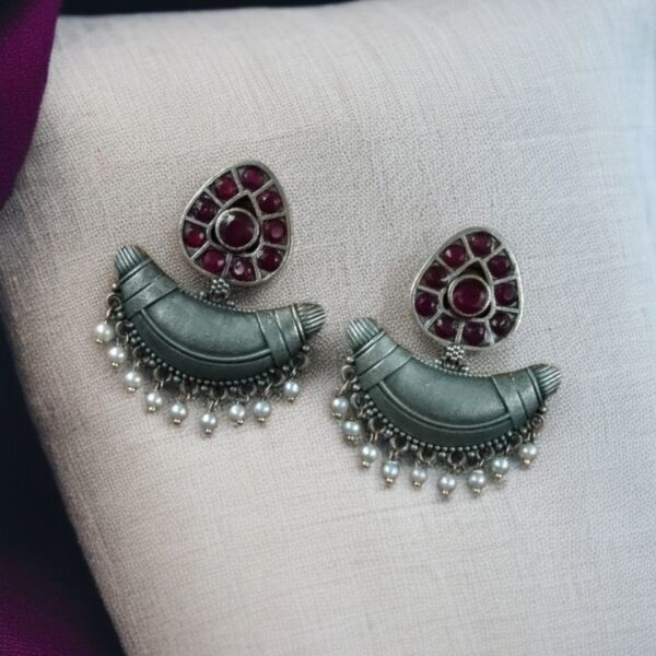 Adorable Look Silver Replica Oxidised Chandbali Earrings with Stone & Pearl Detailing - "Red"