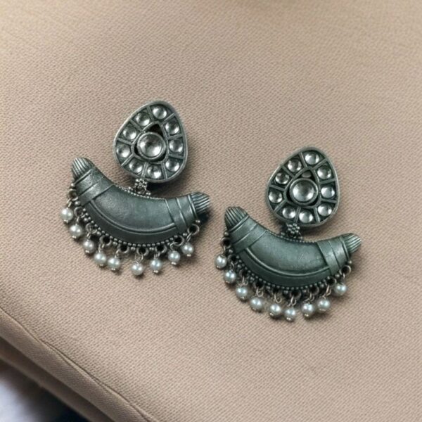 Adorable Look Silver Replica Oxidised Chandbali Earrings with Stone & Pearl Detailing - "White"